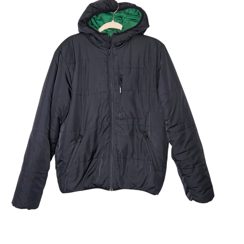 Supreme‎ Reversible Puffer Jacket Black Green Logo Nylon Medium Hooded Coat
